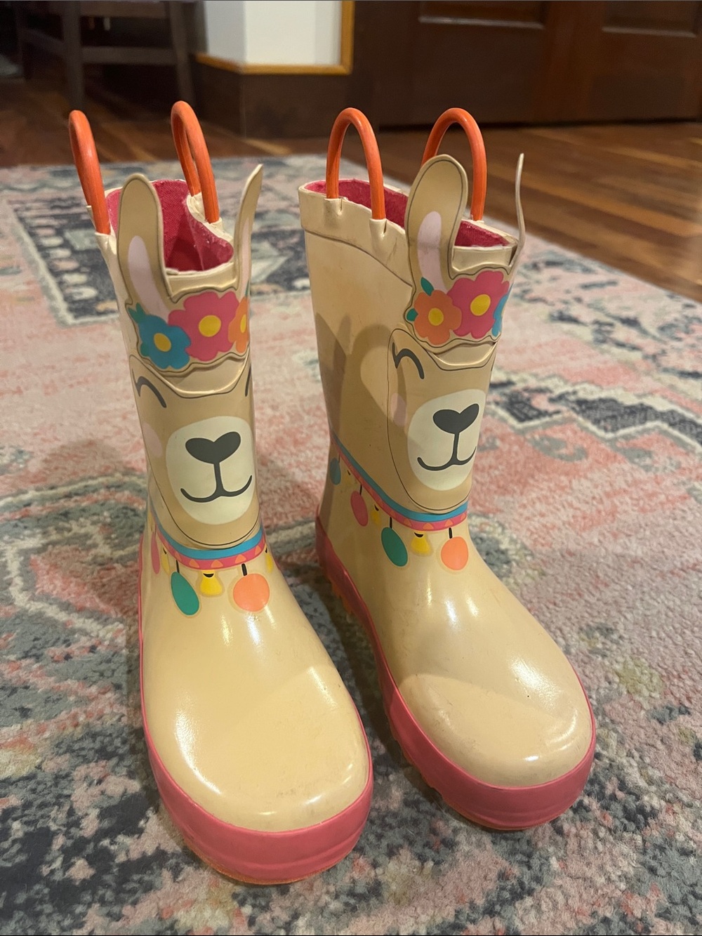 Kids Beige & Pink Llama Rain Boots with Colorful Flower Accents